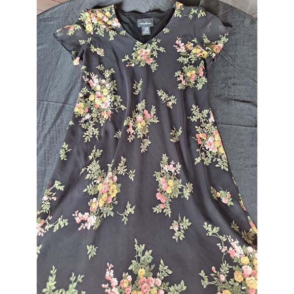 Positive Attitude Vintage Womens Sz 12 Black Pink Floral Polyester Dress - Picture 2 of 4